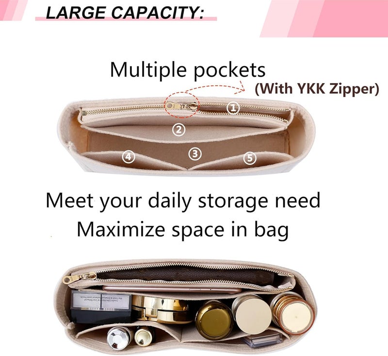 OAikor Felt Small Insert Purse Organizer with Zipper Compatible with GG Small Marmont Insert Matelasse Shoulder Bag and More, Mini Handbag Organizer Pouch for Women Inner Bladder Bag (Beige, S) - Image 4